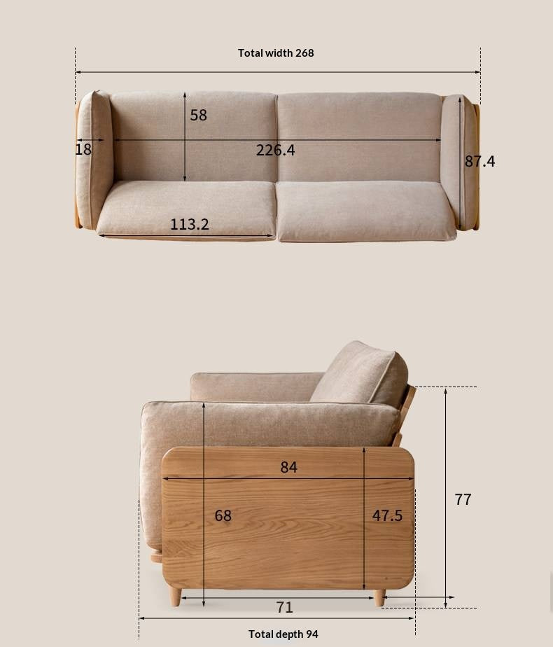 Oak, Ash Solid Wood Sofa with Exposed Wide Arms, High-Back, Genuine leather -fabric