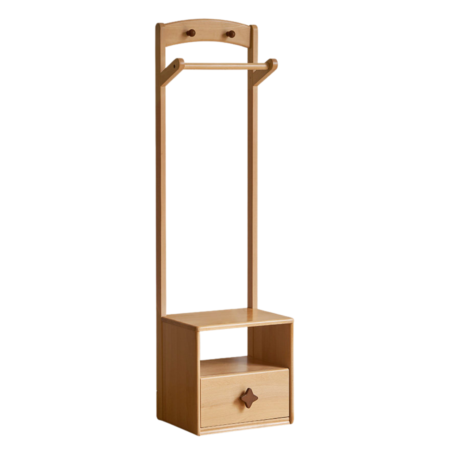 Beech, Rubber Solid Wood Kids Nightstand With Clothes Rack