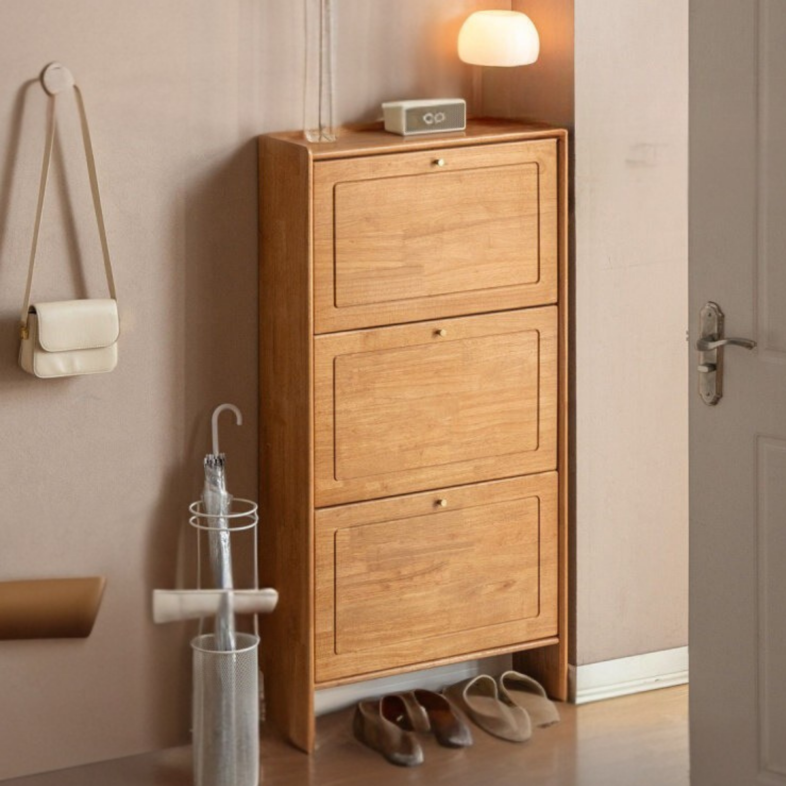Oak Solid Wood Flip-Front Shoe Cabinet with Compact Vertical Design