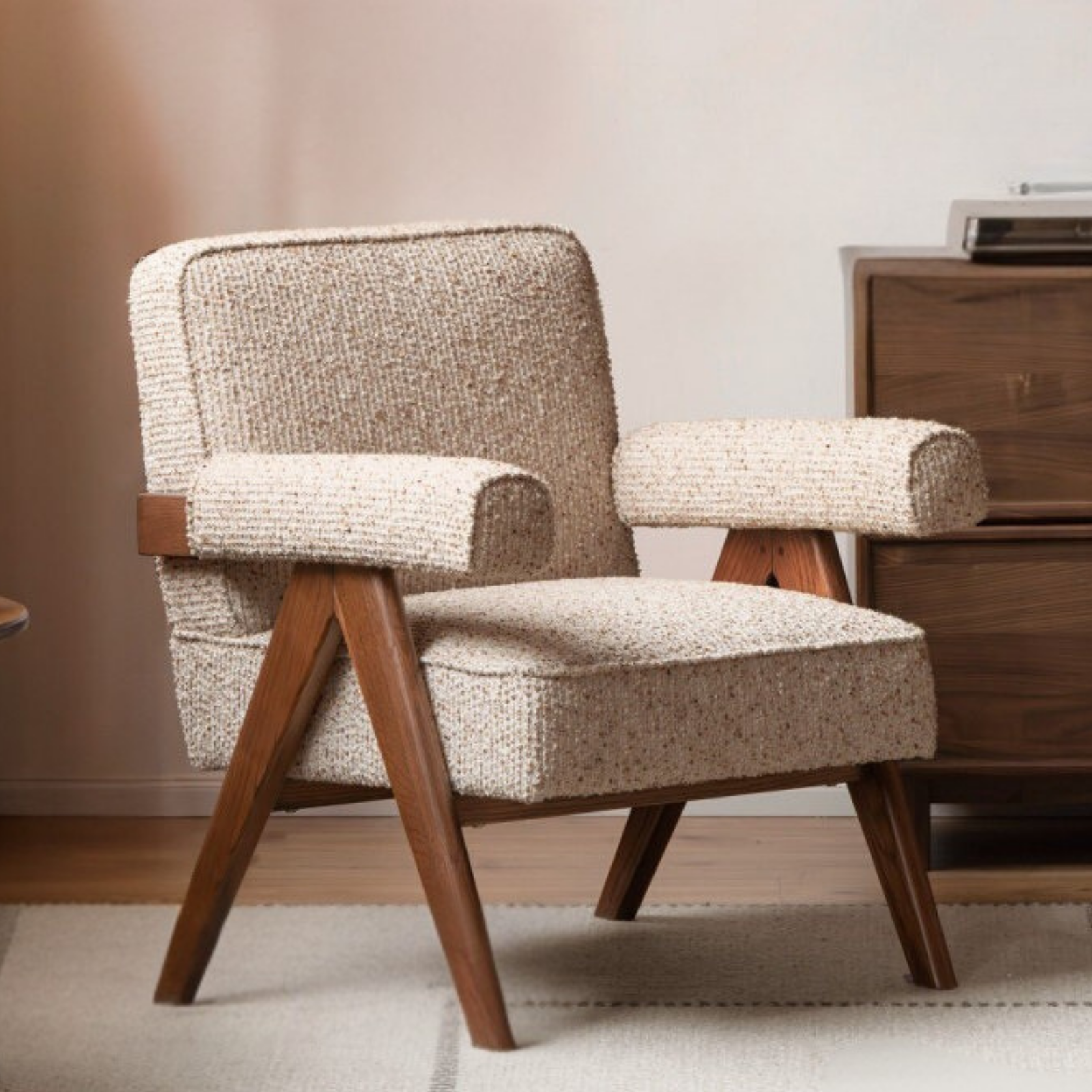 Ash solid wood Accent Armchair, Upholstered Lounge Chair with Angled A-Frame Legs and Wide Padded Armrests