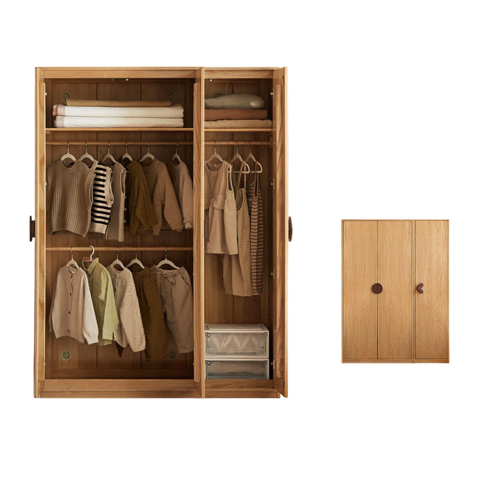 Oak Solid Wood Kids Wardrobe And Bookcase Combination