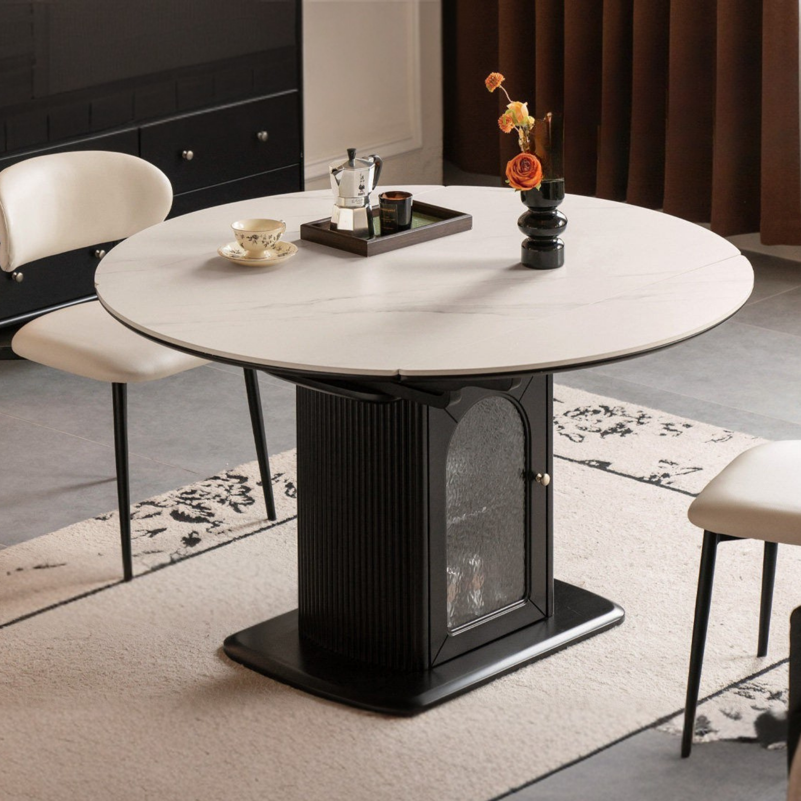 Rubberwood Solid Round Extendable Pedestal Dining Table with Stone Top and Storage Base