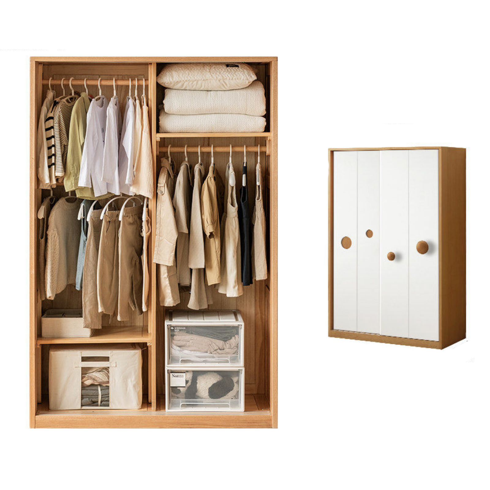 Oak, Solid Rubberwood Kids Sliding Door Wardrobe