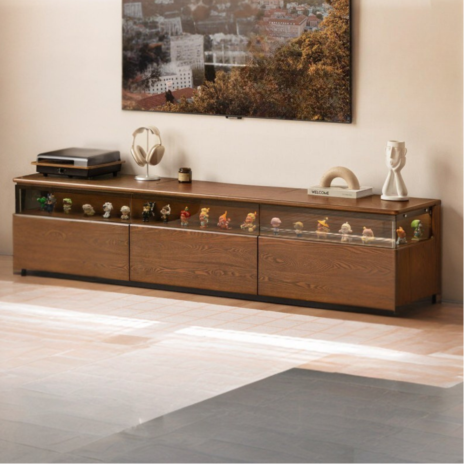 Ash Solid Wood TV Cabinet with Floor-Standing Storage and Display Shelves