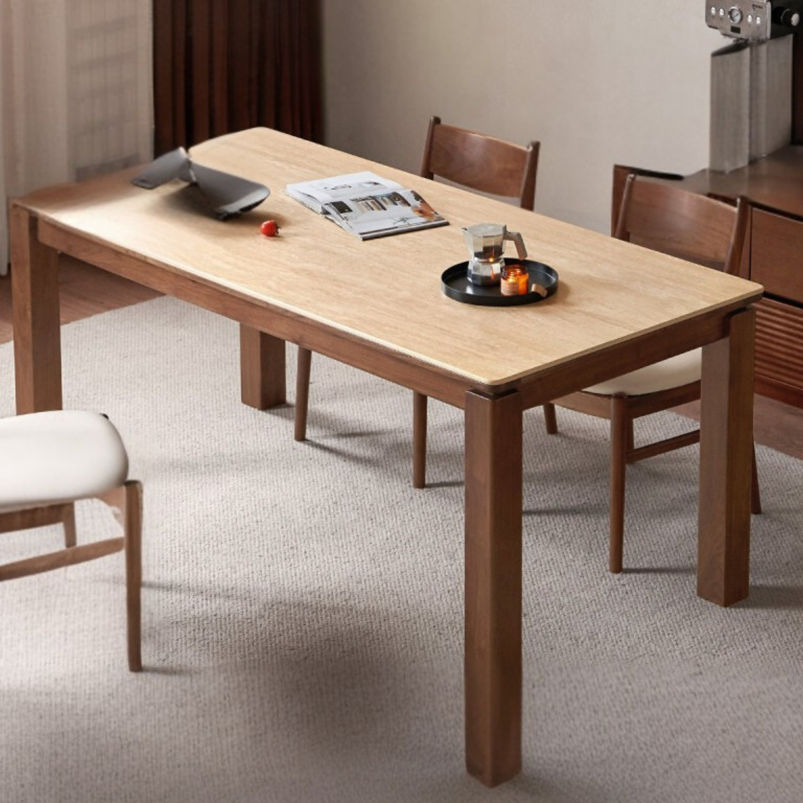 Black Walnut Solid Wood Vintage Travertine Slab Dining Table