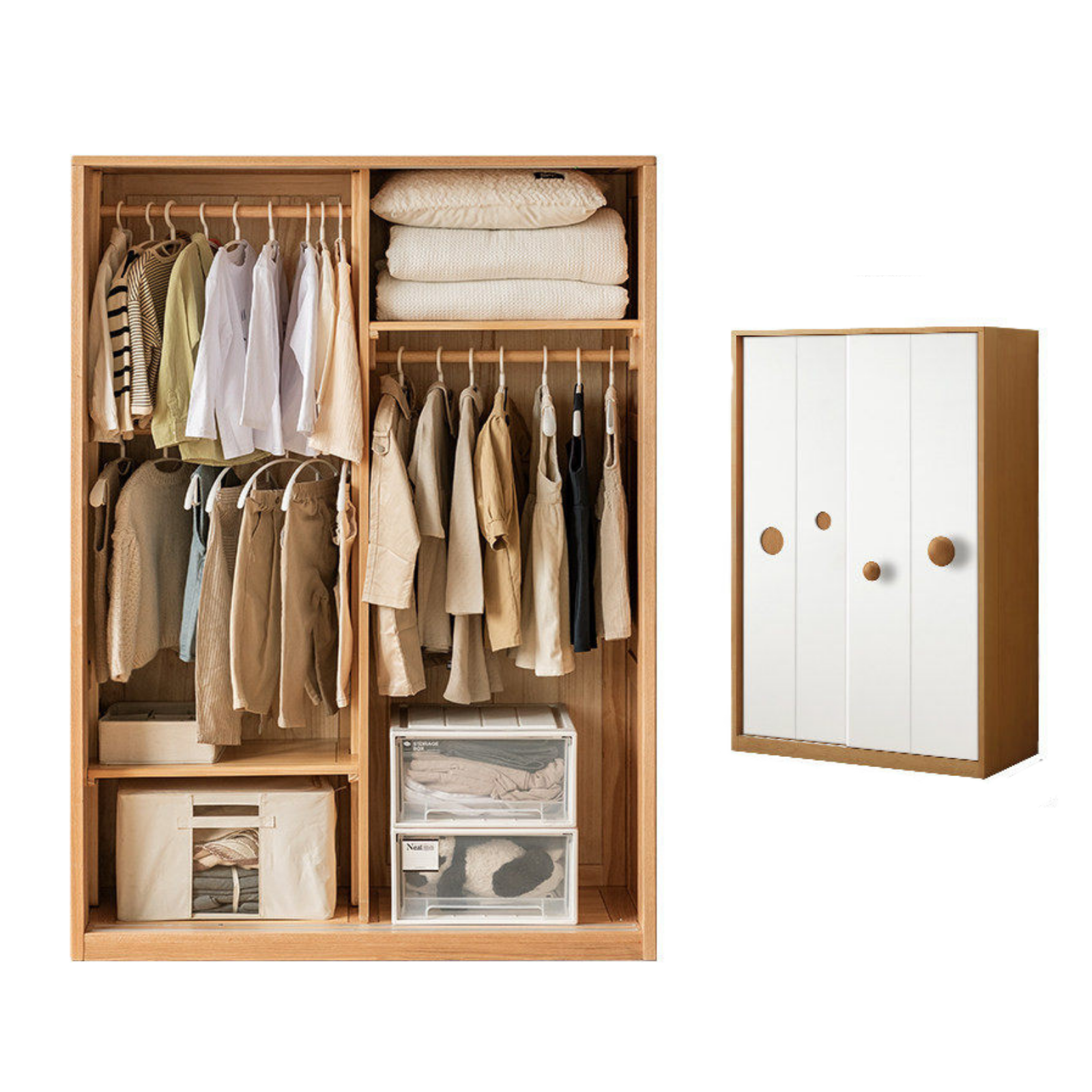 Oak, Solid Rubberwood Kids Sliding Door Wardrobe