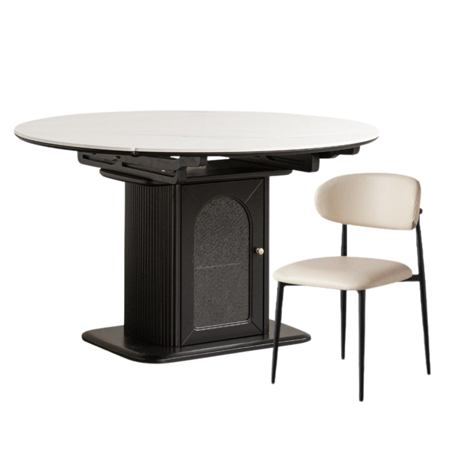 Rubberwood Solid Round Extendable Pedestal Dining Table with Stone Top and Storage Base