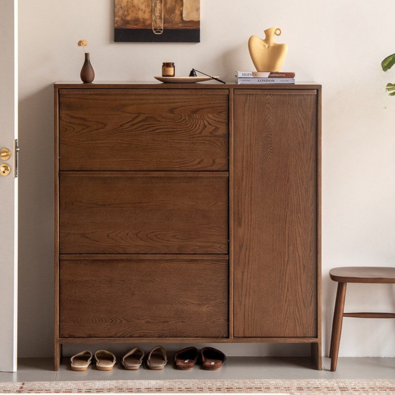 Oak Solid Wood Shoe Cabinet with Wabi-Sabi Style Storage Design