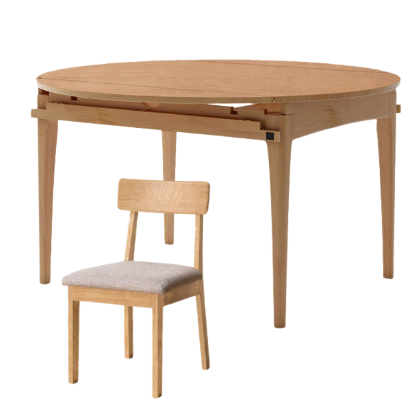 Oak Solid Wood, Solid Rubberwood Folding Round Retractable Dining Table