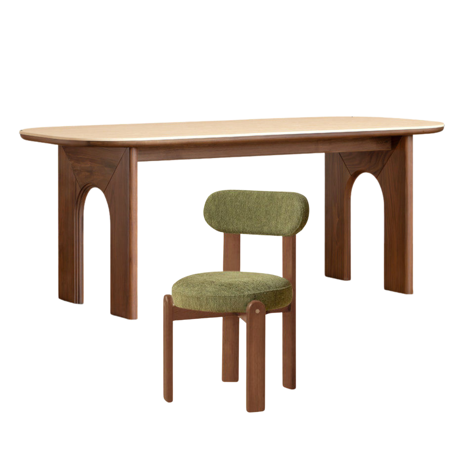 Black Walnut, Oak Solid Wood Oval Dining Table with Sculptural Arch Base