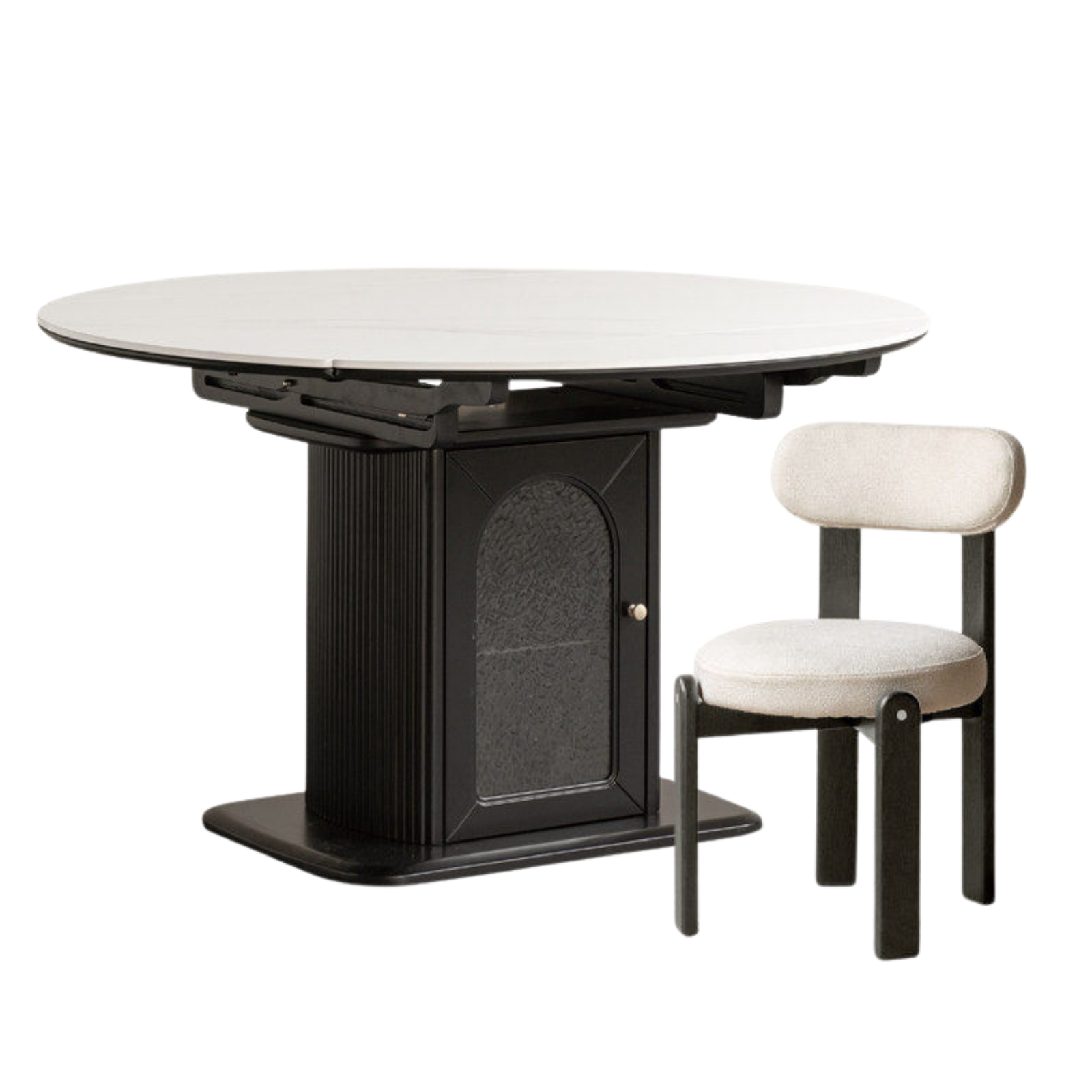 Rubberwood Solid Round Extendable Pedestal Dining Table with Stone Top and Storage Base