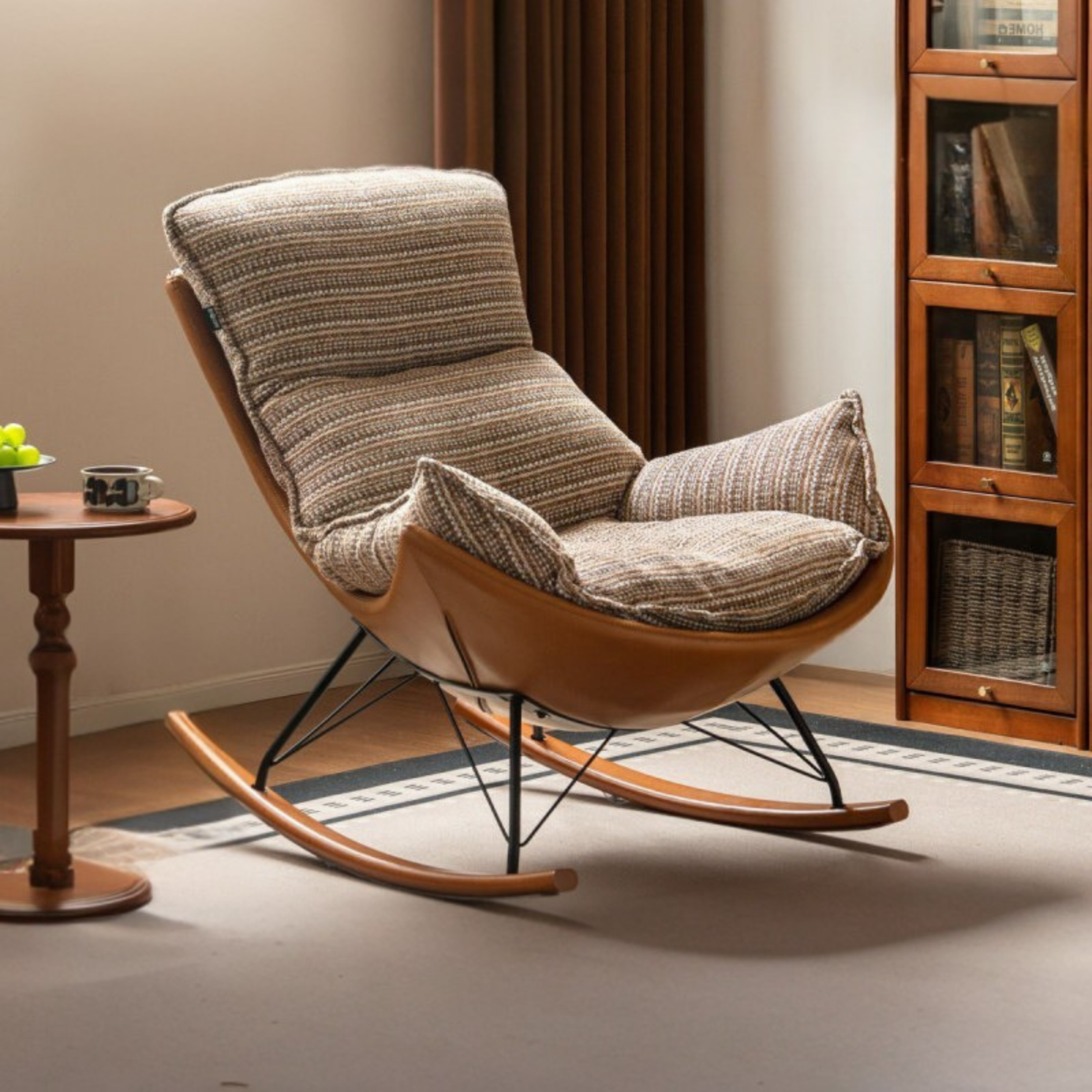 Egg Shell Lounge Chair with Rocking Base, Upholstered Cocoon Accent Chair Beech Legs