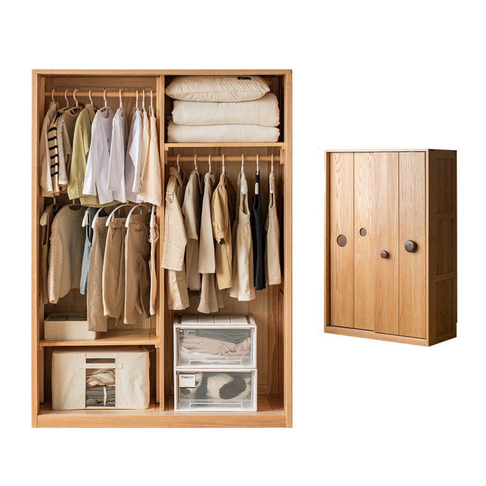 Oak, Solid Rubberwood Kids Sliding Door Wardrobe