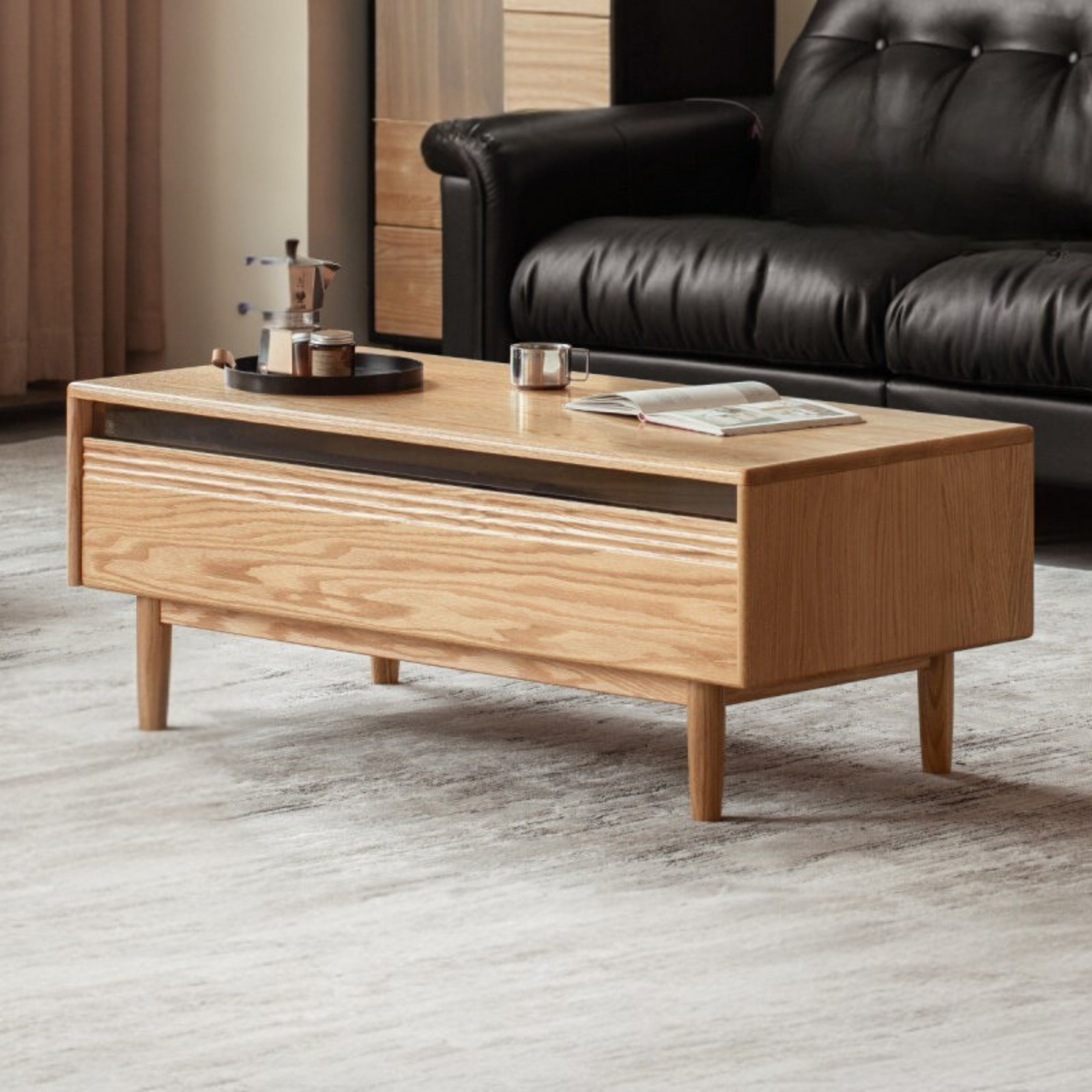 Oak Solid Wood Coffee Table with Integrated Drawer Storage