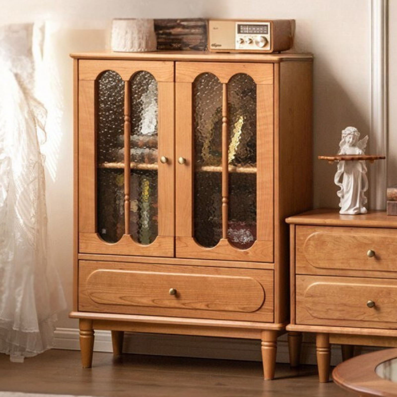 Cherry Solid Wood Side Cabinet with Glass Panels and Storage Shelves