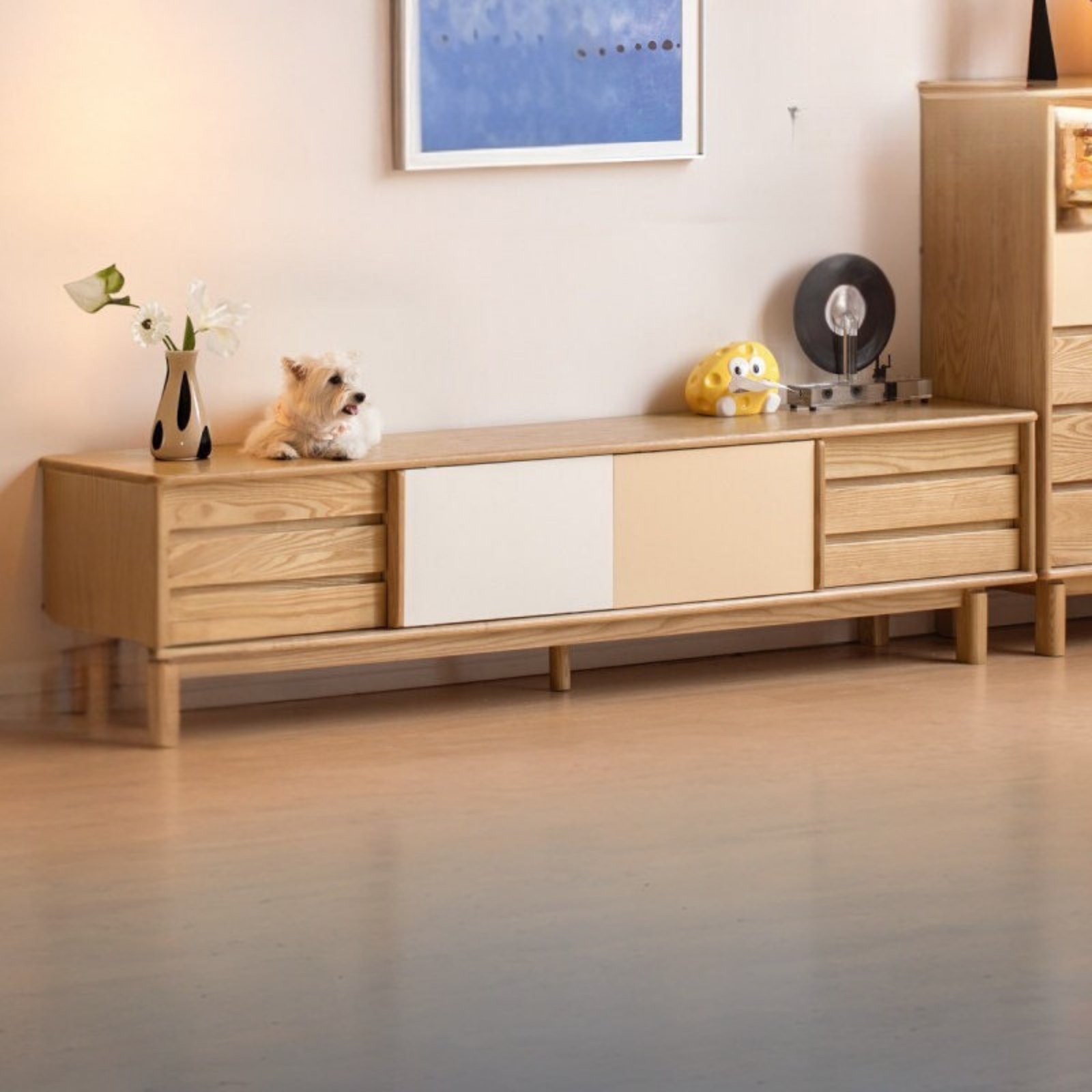 Ash Solid Wood TV Cabinet with Color Block Storage Design