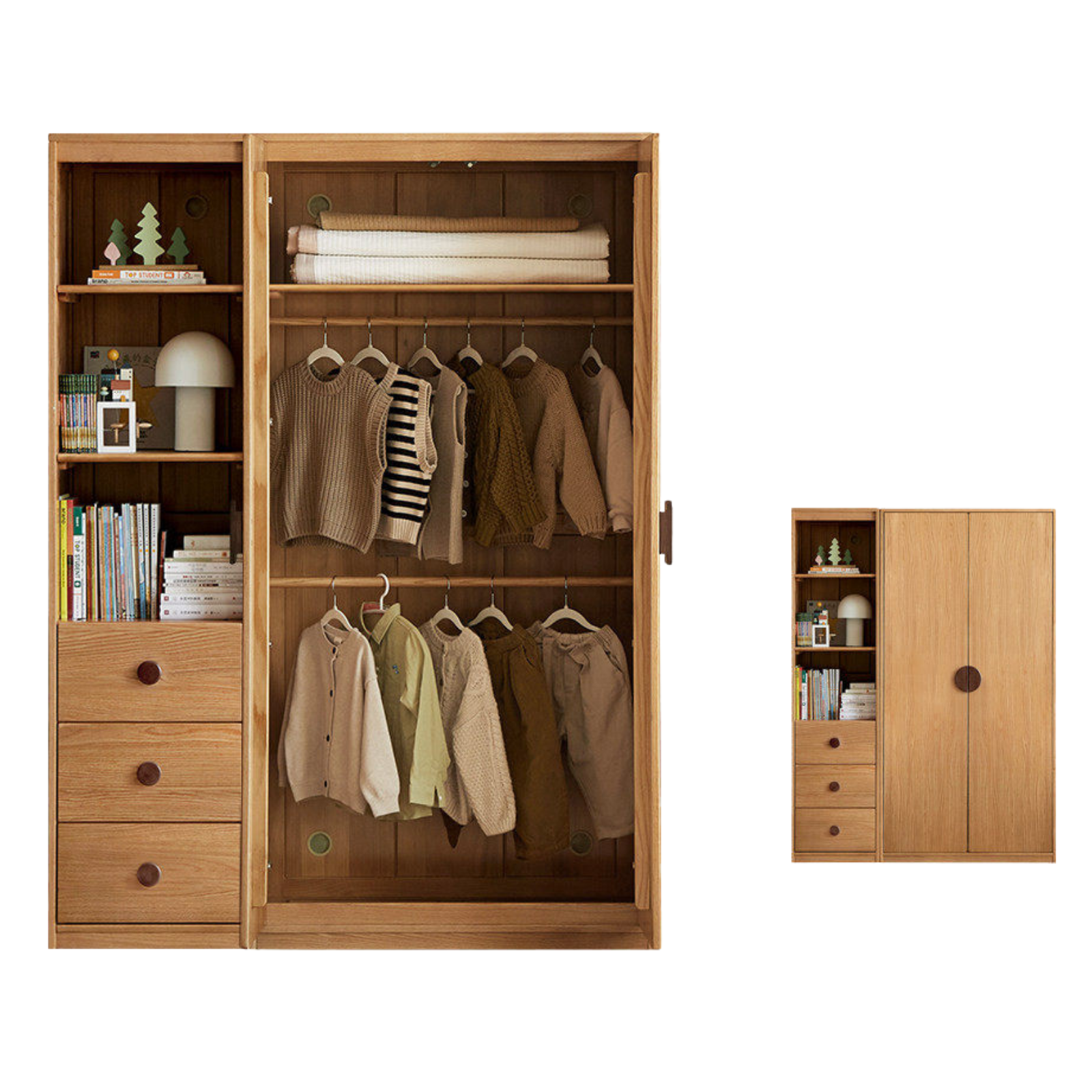 Oak Solid Wood Kids Wardrobe And Bookcase Combination