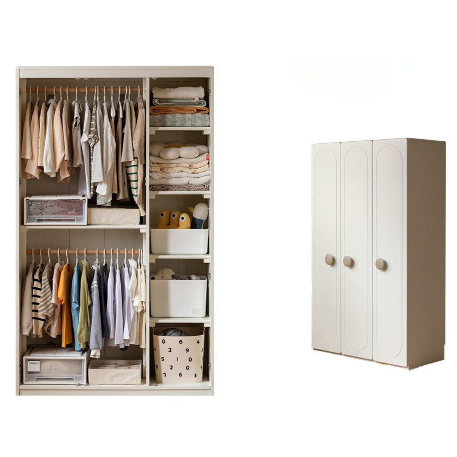 Pine Solid Wood White Cream Kids Wardrobe