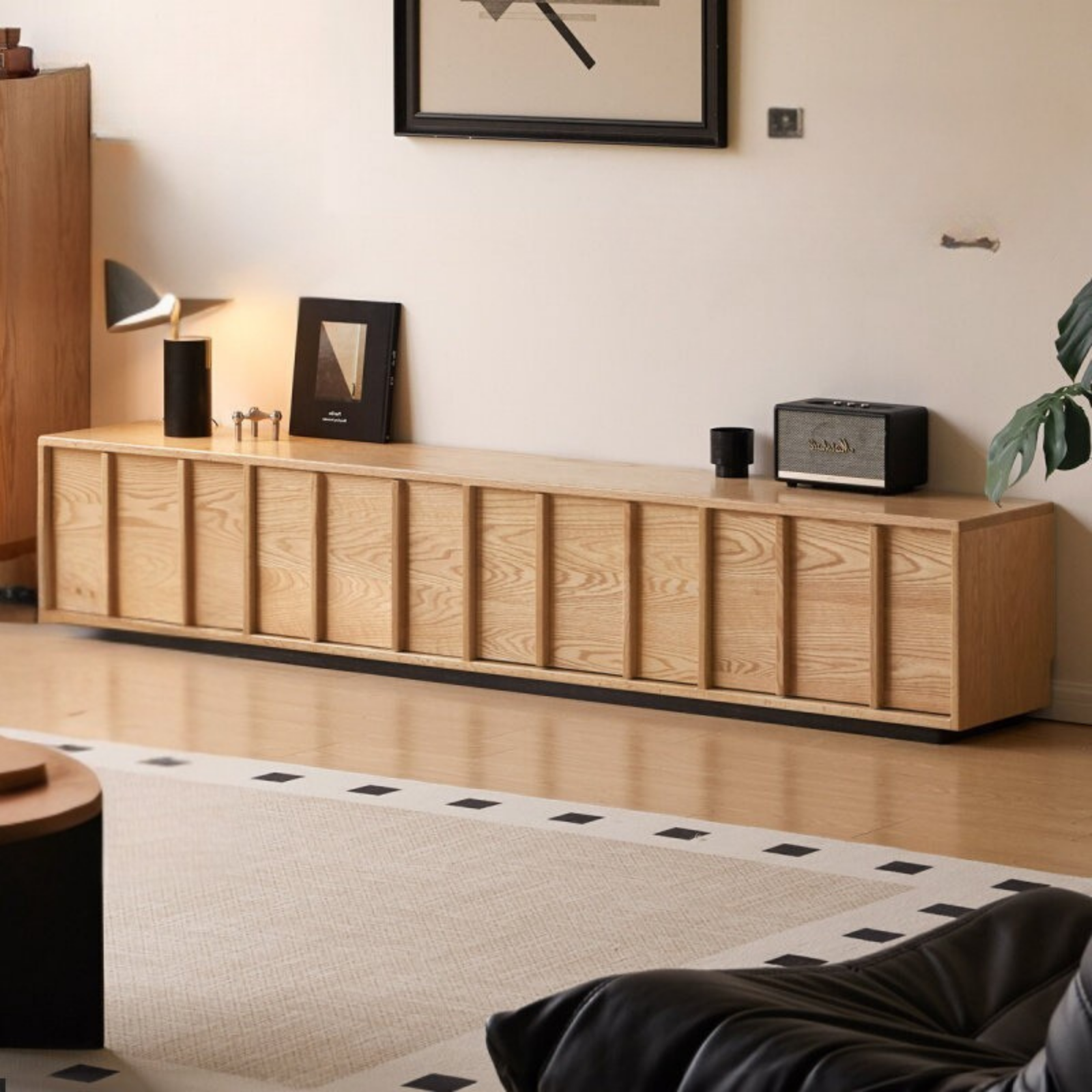 Oak Solid Wood TV Cabinet with Open Frame Storage Design