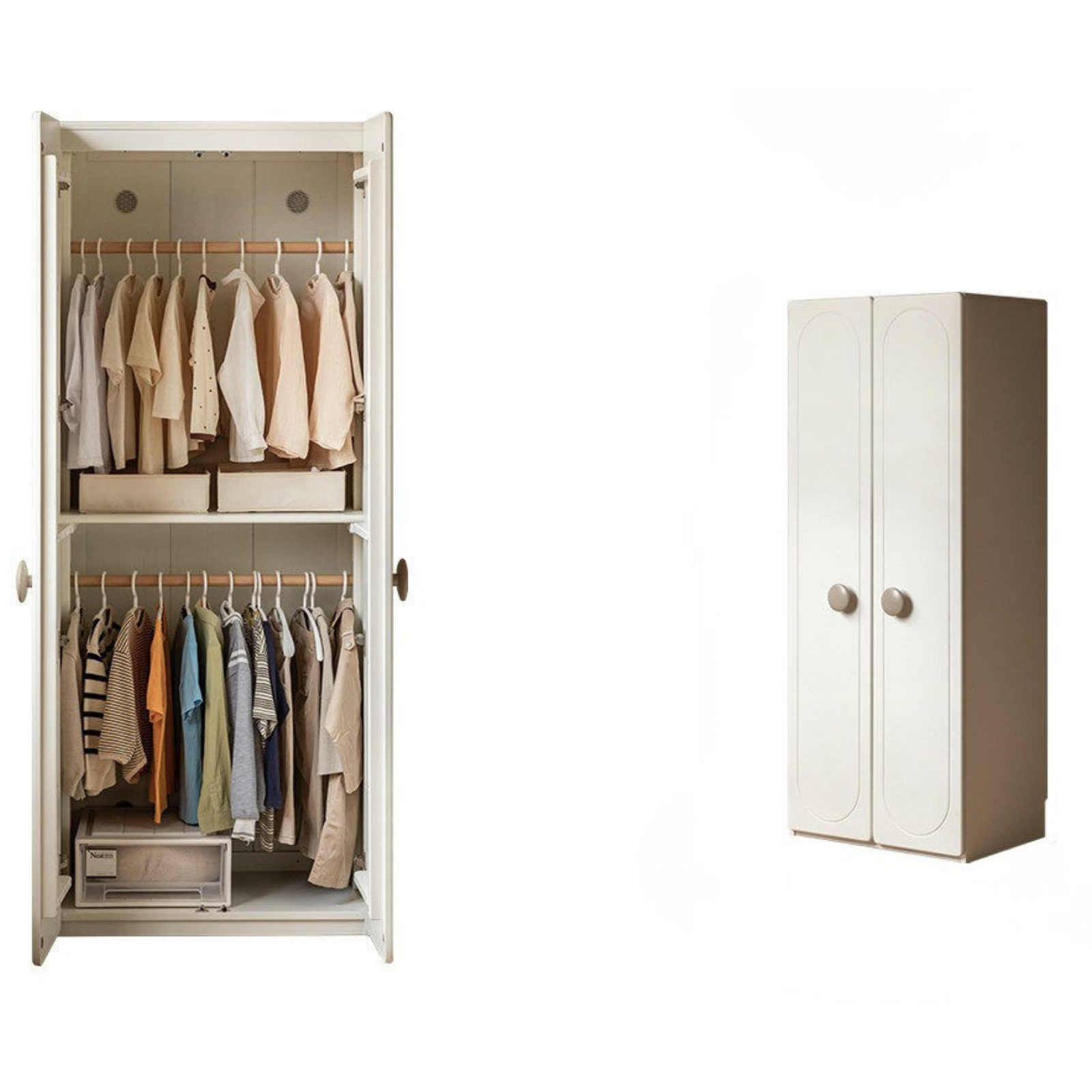 Pine Solid Wood White Cream Kids Wardrobe