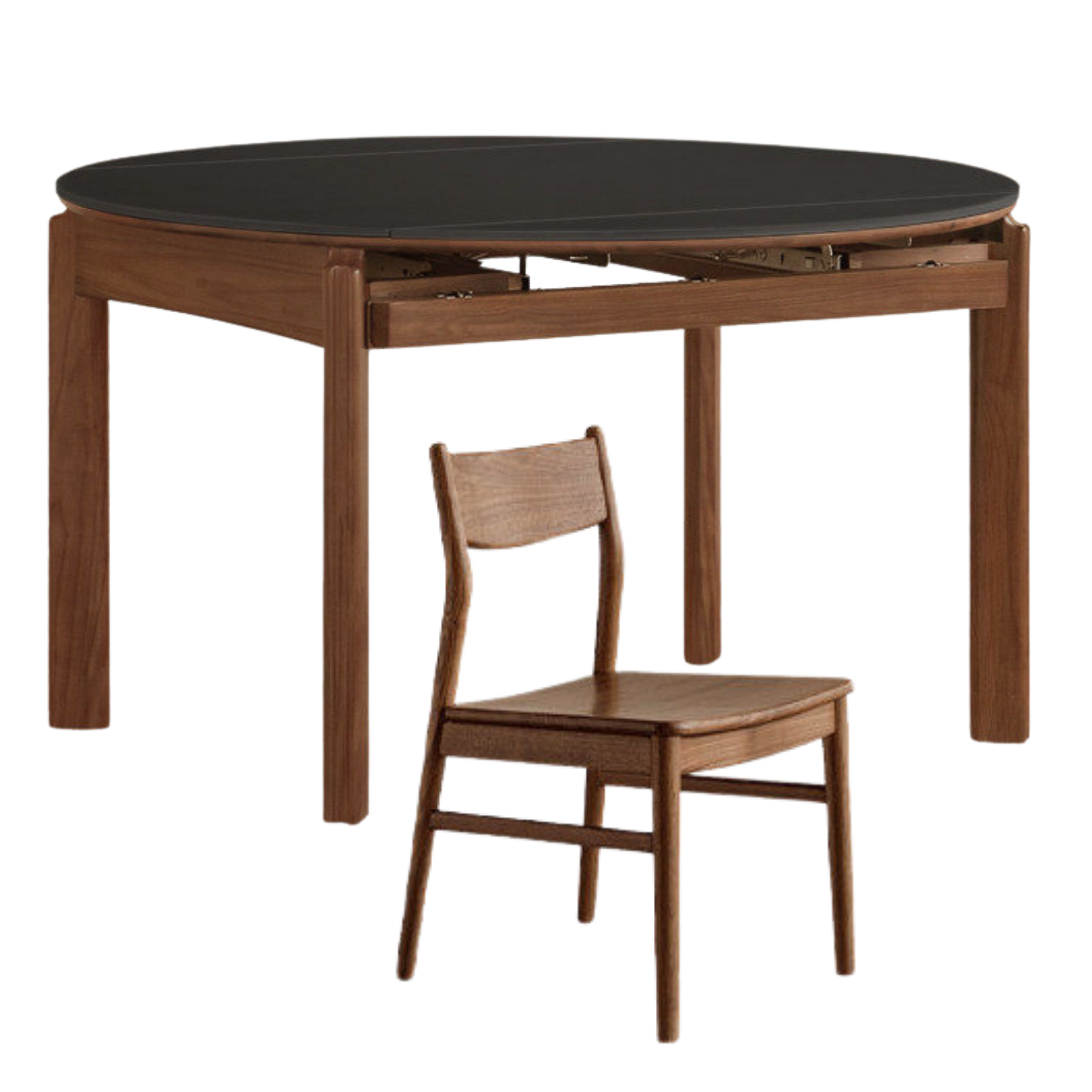 Black Walnut, Ash Solid Wood Folding Dining Table with Rock Plate Round Top