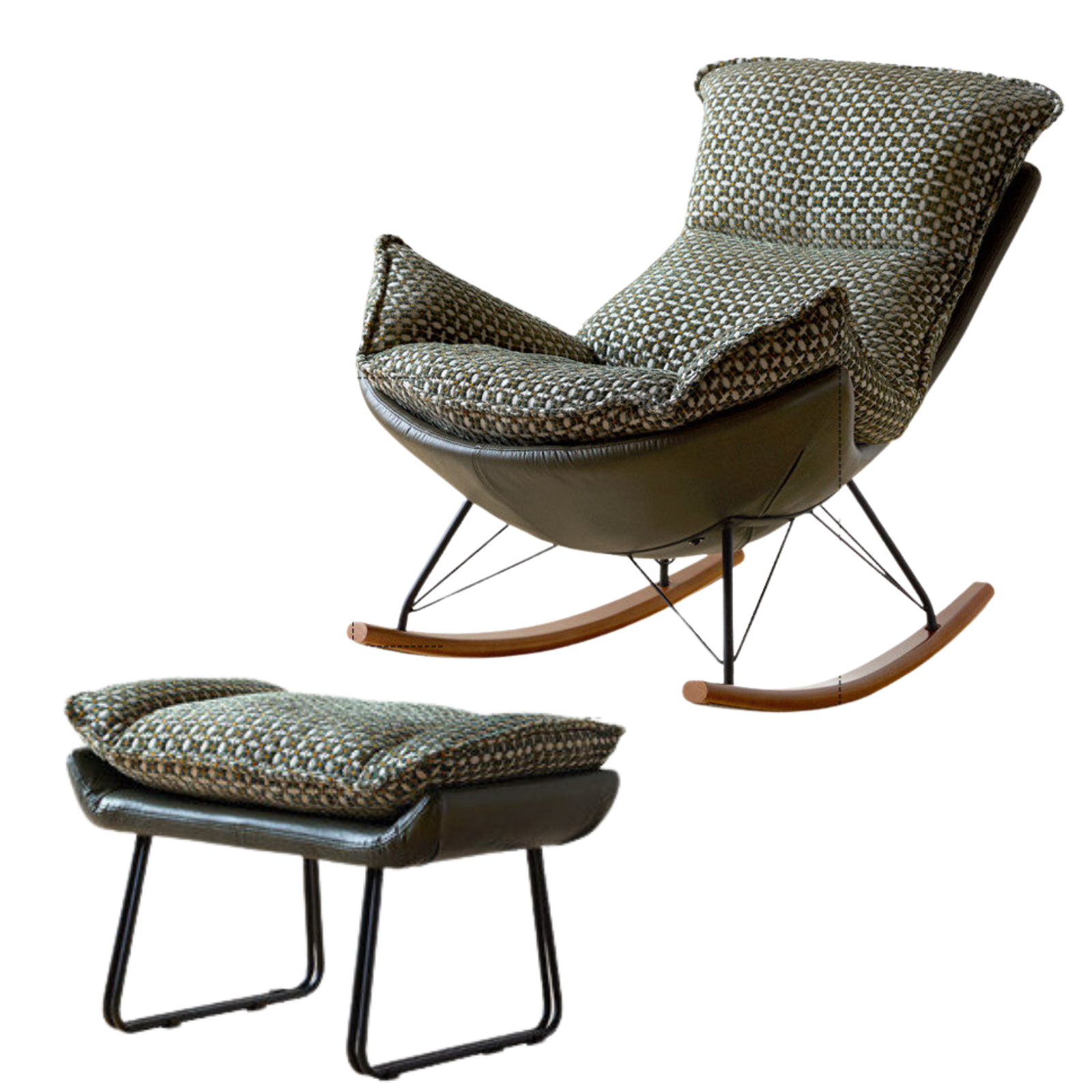 Egg Shell Rocking Lounge Chair with Upholstered Cocoon Seat and Metal Frame With Beech Legs