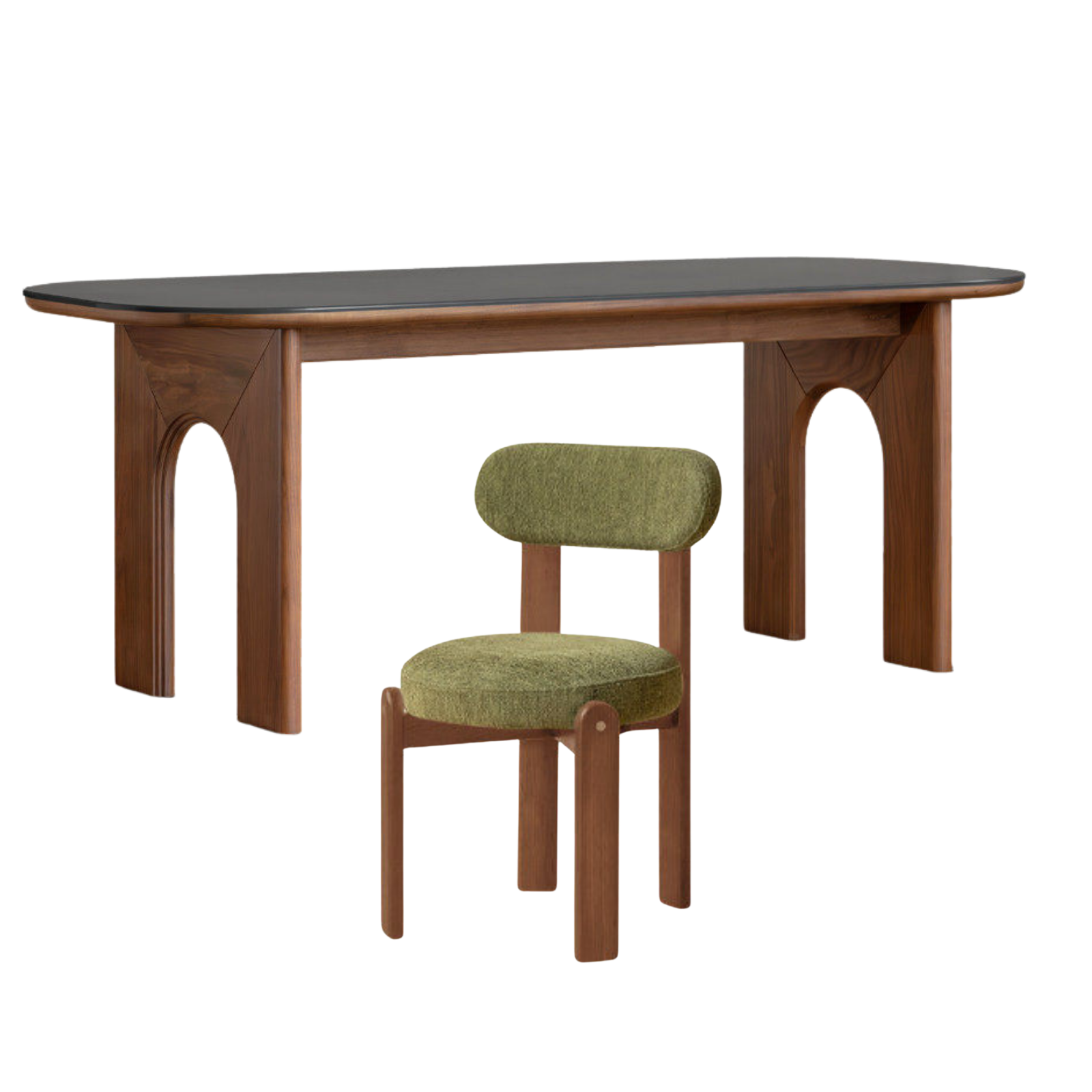 Black Walnut, Oak Solid Wood Oval Dining Table with Sculptural Arch Base