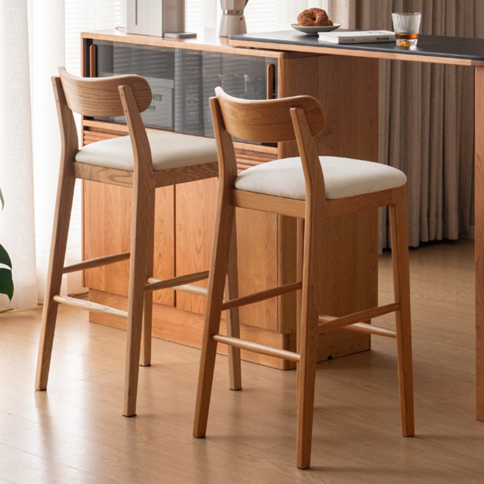 Set 3 pcs Cherry, Ash Solid Wood Modern Bar Stool