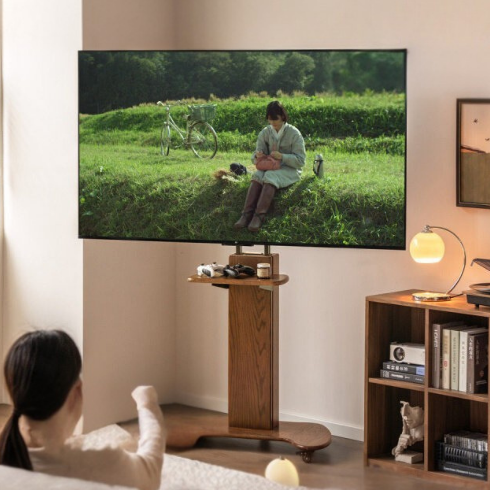 Oak Solid Wood TV Stand with Open Wall Rack and Mobile Cart Base