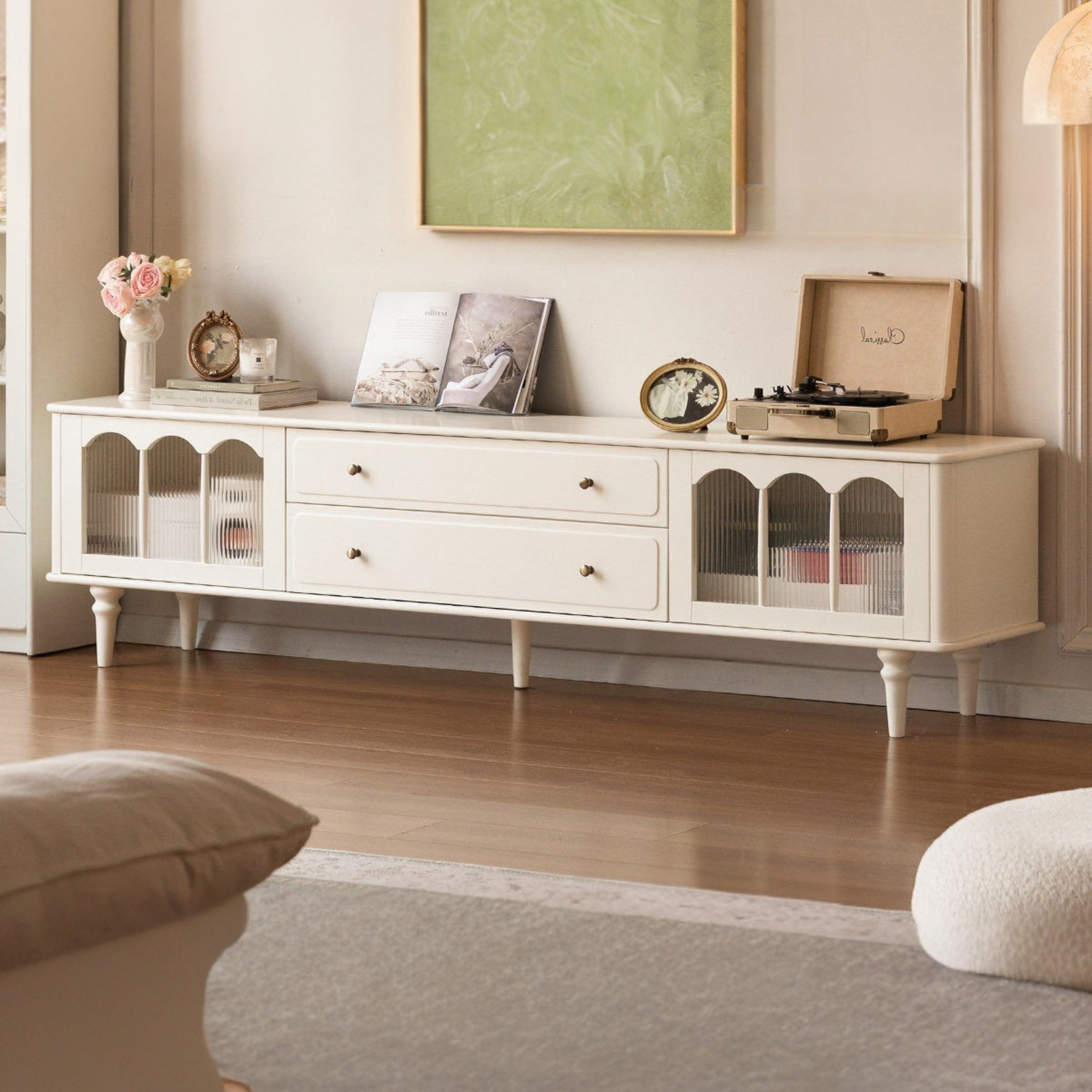 Solid Rubberwood TV Cabinet French Cream Style and Integrated Storage