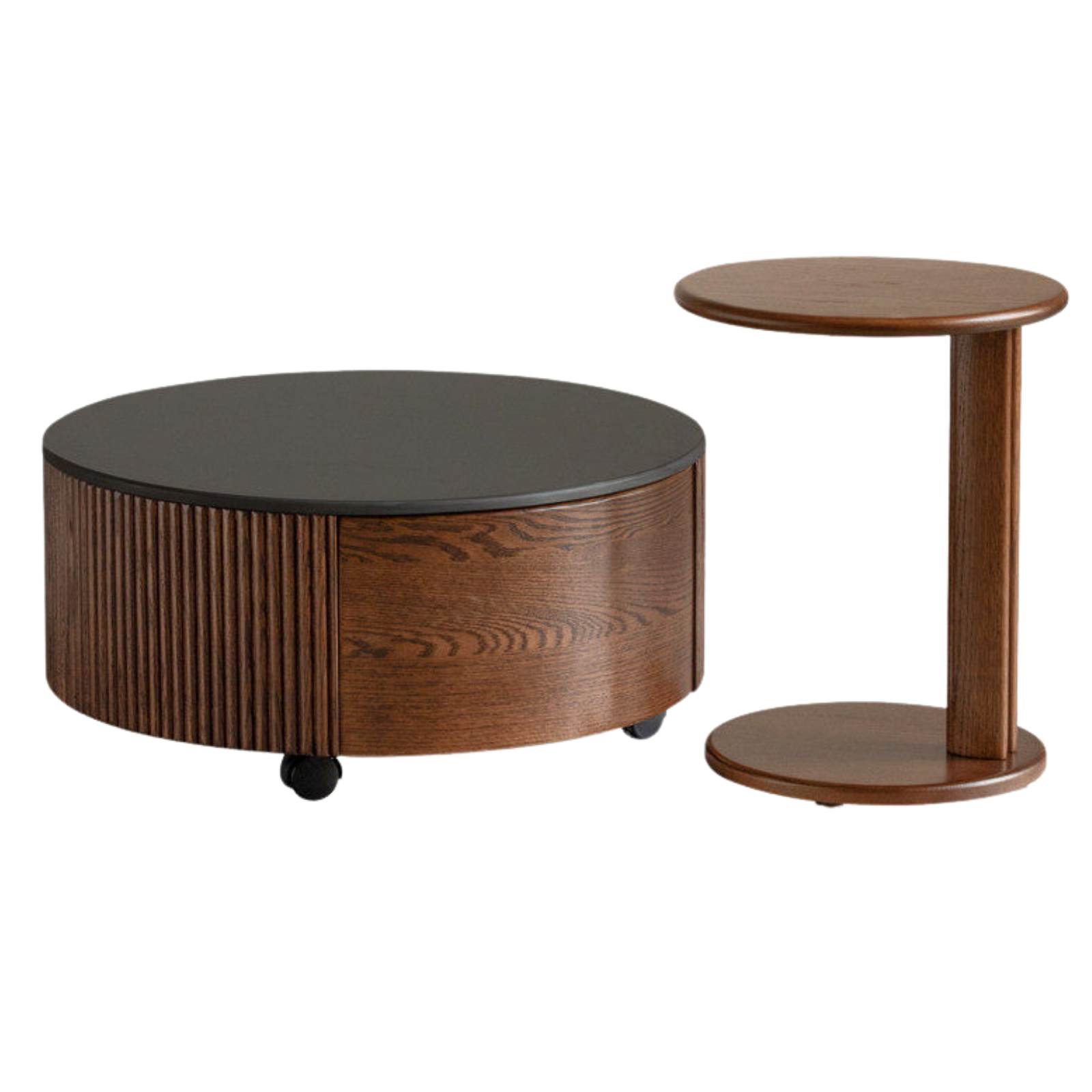 Oak Solid Wood Coffee Table with Layered Round Design and Rock Top