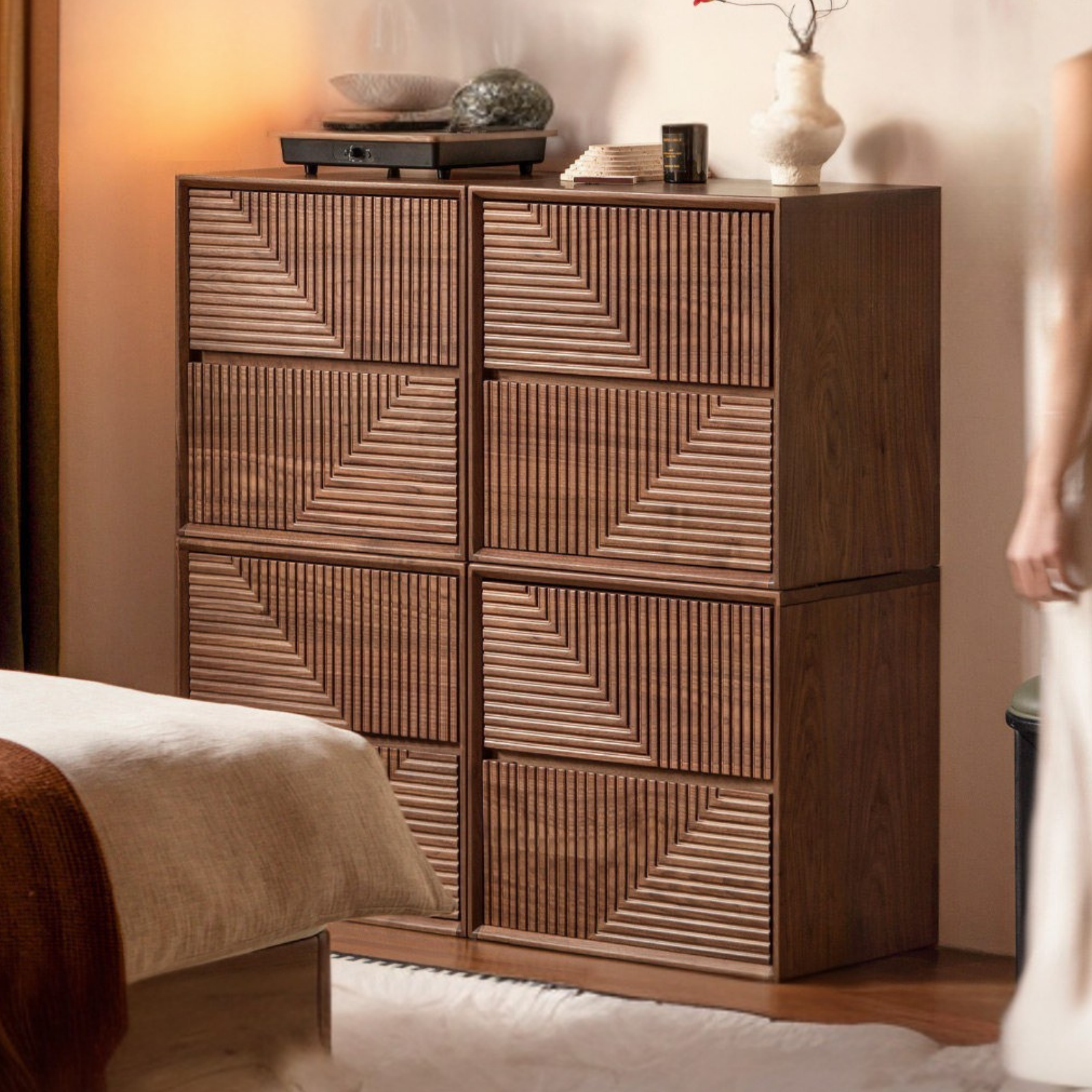 Black Walnut Solid Wood Modular Storage Cabinet, Mid Century Dresser with Geometric Front Design