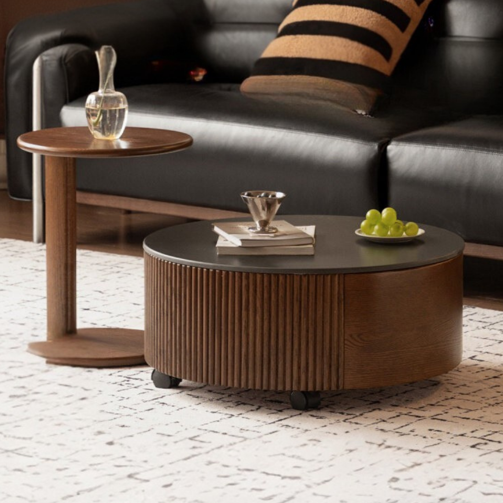 Oak Solid Wood Coffee Table with Layered Round Design and Rock Top