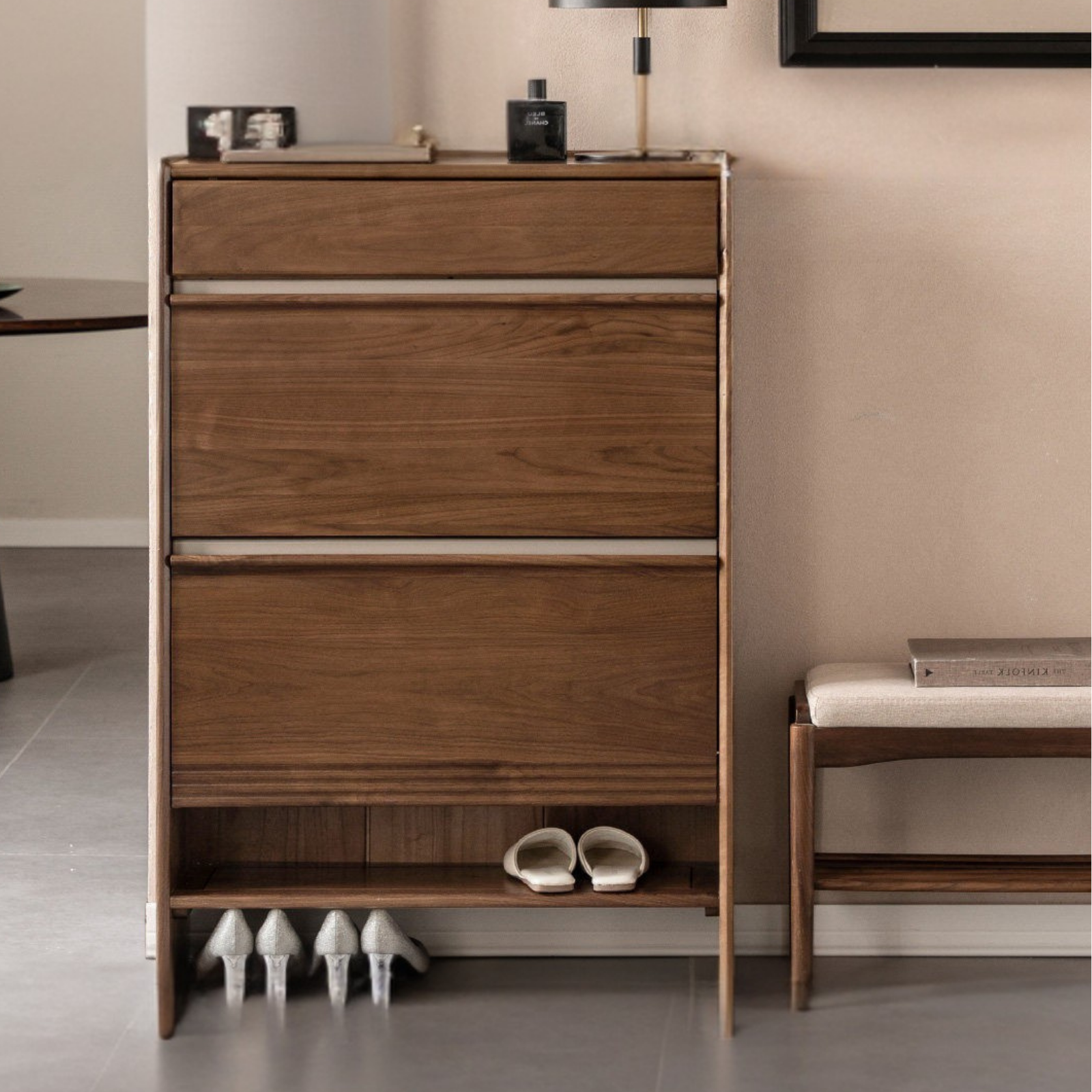 Black Walnut Solid Wood Flip Door Shoe Cabinet, Italian Style Entryway Storage Organizer