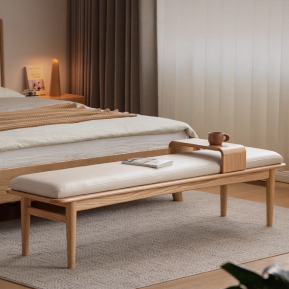 Oak Solid Wood Bed End Bench with Cushioned Seat and Removable Tray Ta