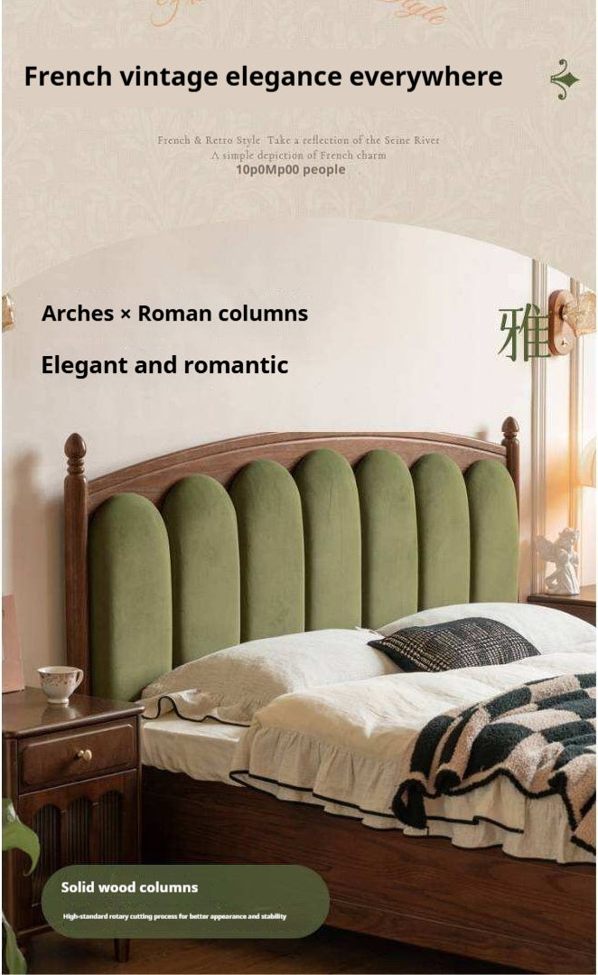 Oak Solid Wood Box Bed with Upholstered Vertical Channel Tufted Arched Headboard