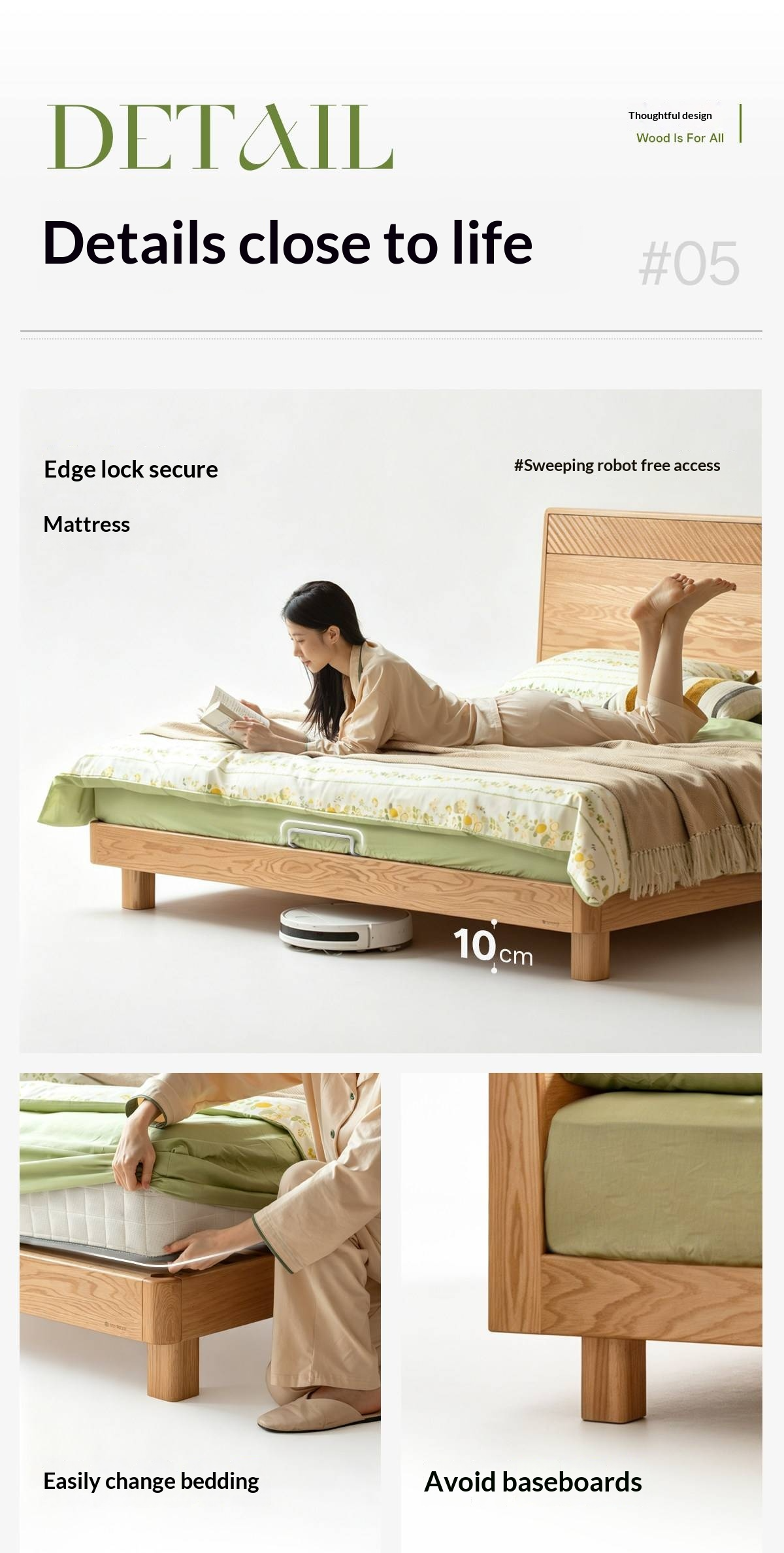 Oak Solid Wood Platform Bed with Grooved Panel Headboard Accent