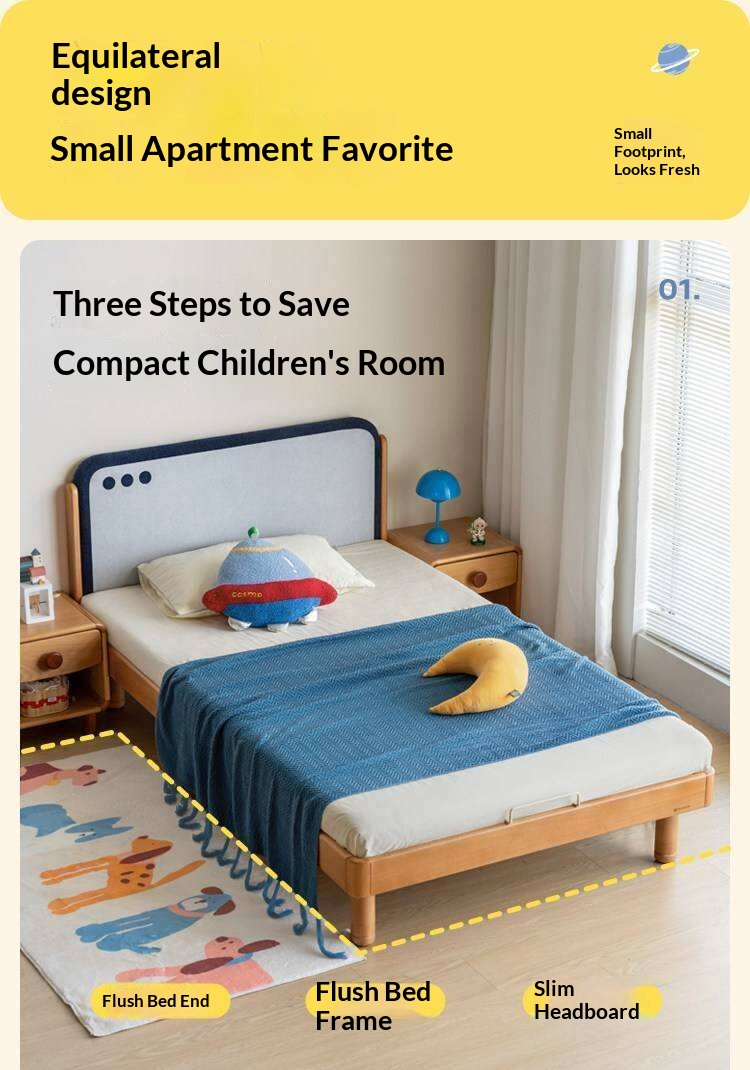 Beech Solid Wood Kids Montessori Platform Bed with Upholstered Headboard