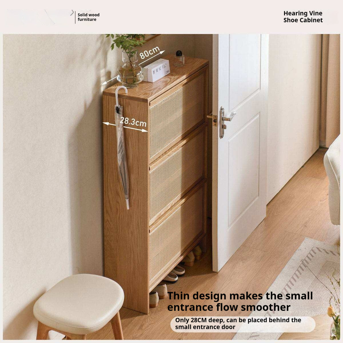 Oak Solid Wood Shoe Cabinet with Modern Minimalist Flip Door, Rattan Accents