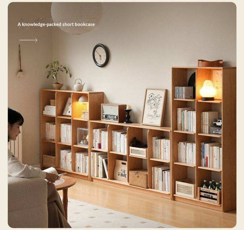 Cherry Solid Wood Freely Combinable Bookshelf with Floor-Standing Grid Design