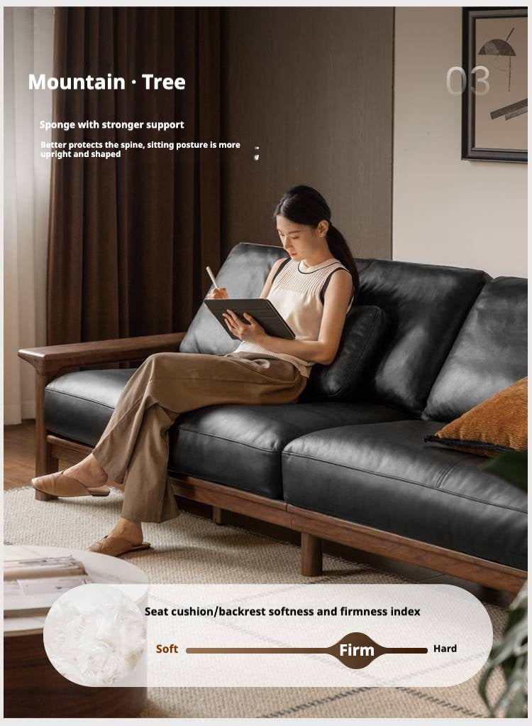 Black Walnut, Ash Solid Wood Wabi Sabi Style Genuine Leather Sofa, fabric sofa