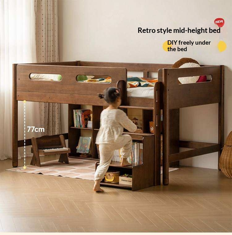 Rubberwood Solid Wood Mid-Height Kids Loft Bed with Staircase and Bookshelf Storage