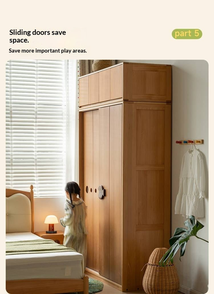 Beech Solid Wood Kids Sliding Door Wardrobe with Adjustable Shelves