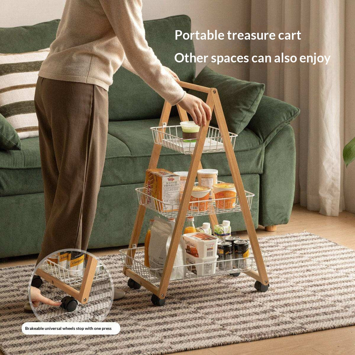 Beech Solid Wood Storage Rack with Multi-Layer and Mobile Trolley