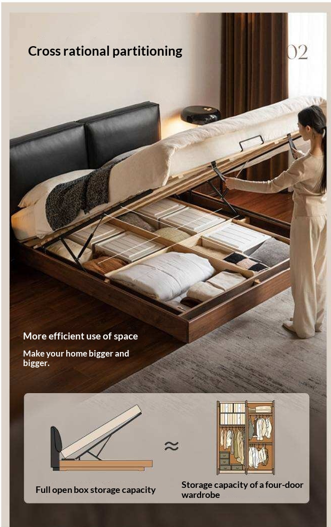 Black Walnut Solid Wood Box Bed — Italian Light Luxury, Genuine Leather Upholstered Headboard