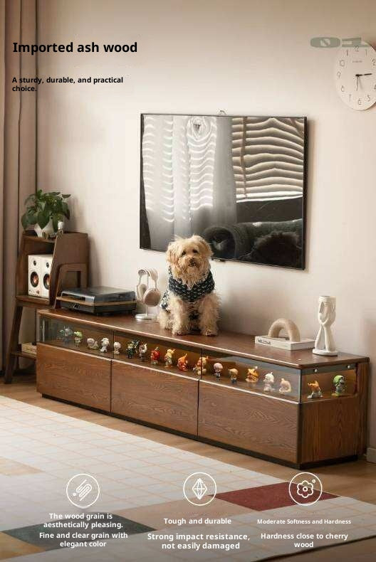 Ash Solid Wood TV Cabinet with Floor-Standing Storage and Display Shelves