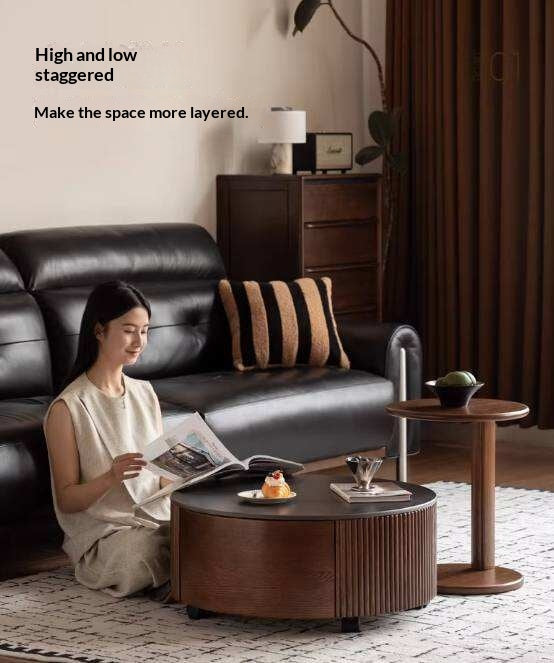 Oak Solid Wood Coffee Table with Layered Round Design and Rock Top