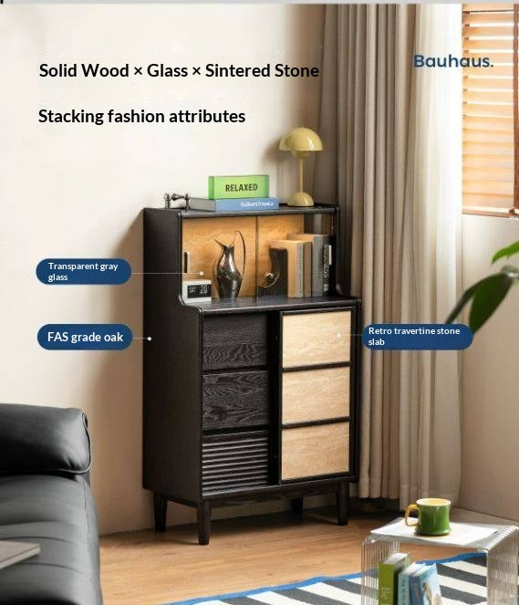 Oak Solid Wood Bauhaus Style Bar Cabinet with Sliding Doors