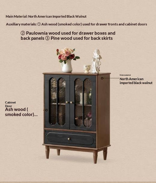 Black Walnut Solid Wood Vintage Curio Cabinet with Rippled Glass Doors and Brass Hardware