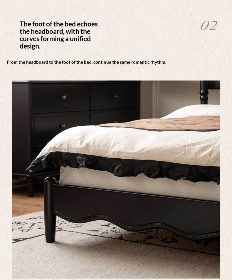 Rubberwood Solid Wood French Style Bed with Black Carved Headboard and Elegant Curved Frame